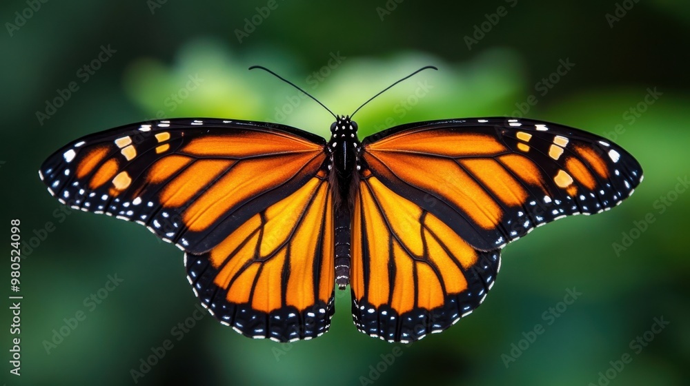 Fototapeta premium Monarch butterfly with vivid orange and black wings resting gracefully on a soft background highlighting its natural beauty and delicate structure