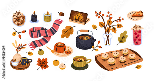 Autumn set. Cozy fall collection. Seasonal food, drink, leaf, decoration. Hygge elements, hot tea, warm pie, homemade pastries, candle and scarf. Flat vector illustration isolated on white background