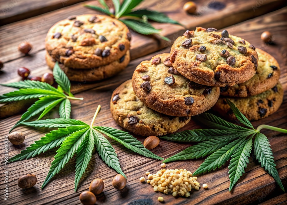 Freshly baked cookies with hemp seeds sit on a rustic wooden table, surrounded by trimmed cannabis buds and leaves, evoking a sense of medical marijuana culinary creativity. Freshly baked cookies with hemp seeds sit on a rustic wooden table, surrounded by trimmed cannabis buds and leaves, evoking a sense of medical marijuana culinary creativity.
