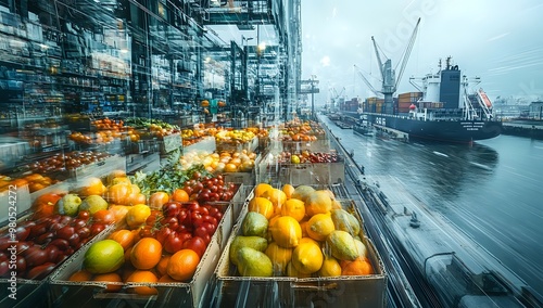 A double exposure photo of a cargo ship in a harbor and crates of fresh fruit in a market, symbolizing international trade. photo