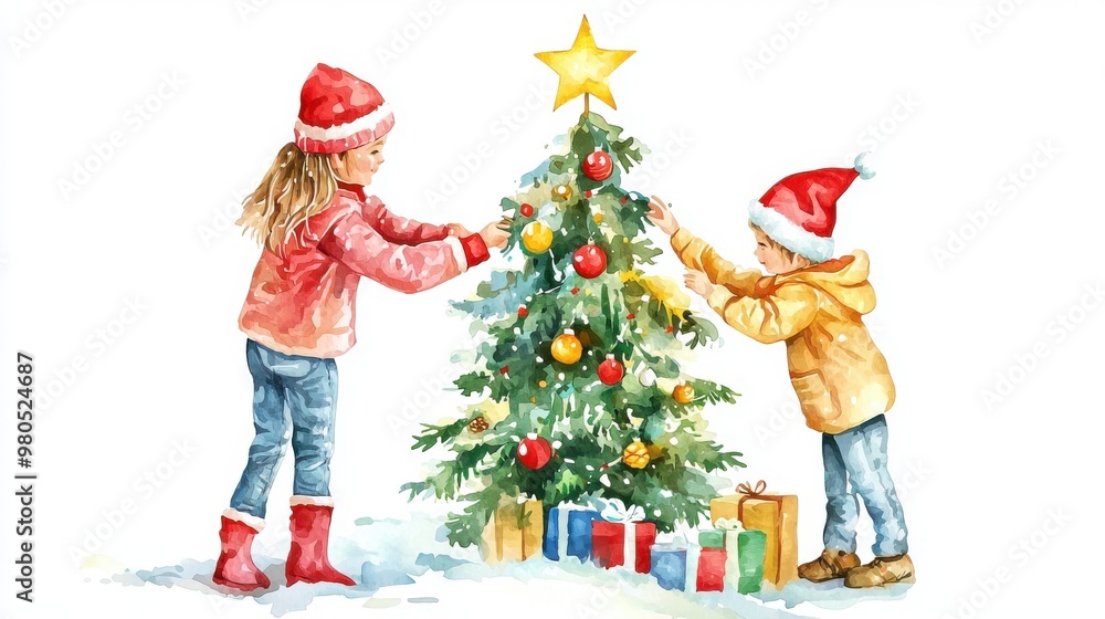 Two children joyfully decorate a Christmas tree with colorful ornaments, capturing the festive spirit of the holiday season. Two children joyfully decorate a Christmas tree with colorful ornaments, capturing the festive spirit of the holiday season.