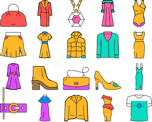 Fashion Store Garment And Shoes Icons Set Vector. Fashion Store Selling Dresses Evening Gowns And Jacket, T-shirt And Coats, Woman Bag And Belt Accessories color Contour Illustrations