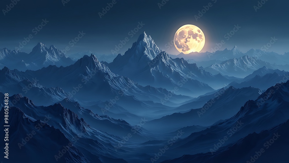 Abstract digital illustration of golden contour lines forming mountain ranges against a dark background, with a full moon or sun setting behind the peaks. Abstract digital illustration of golden contour lines forming mountain ranges against a dark background, with a full moon or sun setting behind the peaks.