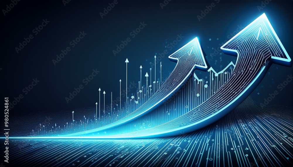 Fototapeta premium Illustration of a business arrow showing upward growth line and circuit technology on a dark blue background