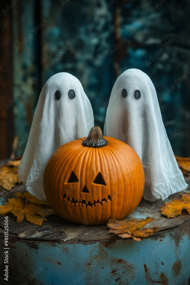 Halloween greeting card. Two ghosts and a pumpkin Halloween greeting card. Two ghosts and a pumpkin