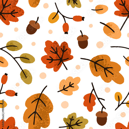Fall leaf, seamless pattern. Autumn foliage, acorns, endless forest backgroun...