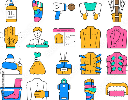 Massage Accessories And Treatment Icons Set Vector. Shiatsu Massage Physiotherapy And Acupuncture, Water And Stone For Massaging, Masseur Business And Occupation color Contour Illustrations