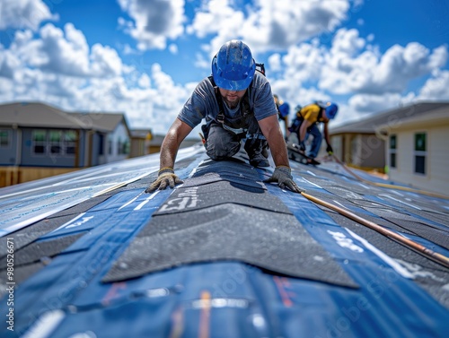 Construction workers installing shingles on the roof of a suburban house under a clear blue sky.