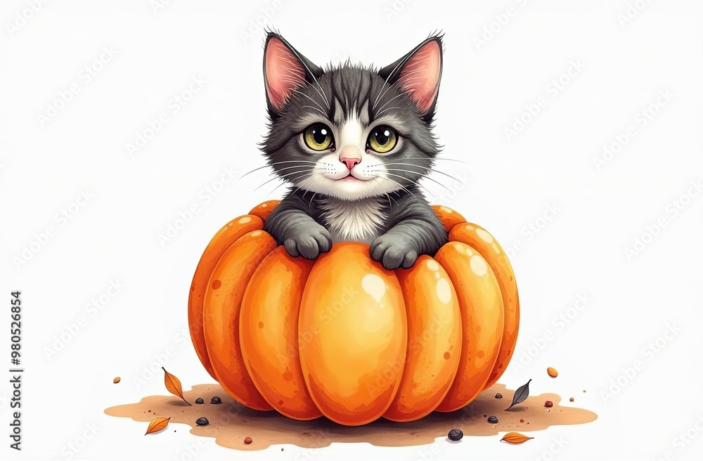 background with cat coming out of a pumpkin. Cartoon cute cat for advertising of farming, pet's store, watercolor illustration on white background. idea for greeting card or kid t-shirt