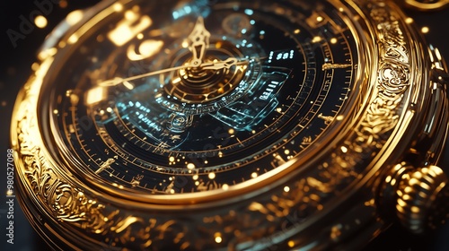 Wallpaper Mural A luxurious gold pocket watch with intricate engravings, seamlessly blended with a digital interface displaying holographic time data, captured from a tilted angle, photorealistic Torontodigital.ca