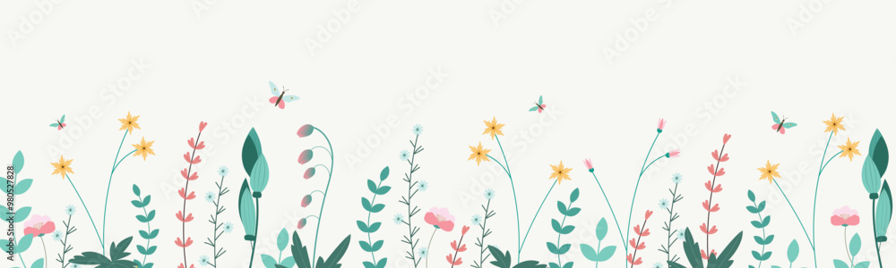 Flat vector illustration of Spring background. Banner, greeting card, poster, invitation template, flyer. Great for any designs, textile, art, walls, package, web Flat vector illustration of Spring background. Banner, greeting card, poster, invitation template, flyer. Great for any designs, textile, art, walls, package, web