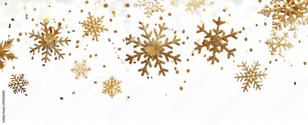 The white background is decorated with stunning golden snowflakes, adding a stylish and festive touch, great for winterthemed projects and seasonal designs that exude elegance and holiday spirit The white background is decorated with stunning golden snowflakes, adding a stylish and festive touch, great for winterthemed projects and seasonal designs that exude elegance and holiday spirit