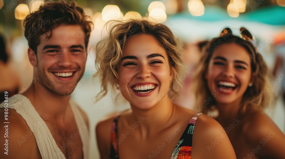 Fototapeta premium A group of happy friends laughing and sharing a joyful moment, capturing the essence of togetherness and fun. Ideal for promoting friendship, social gatherings, and youthful energy.