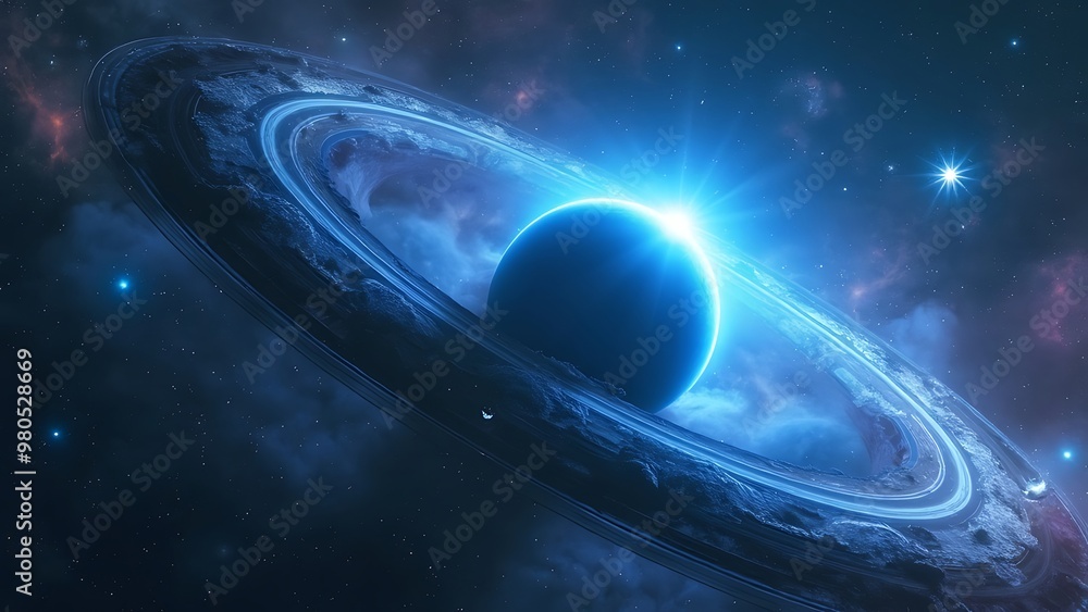 Obraz premium Stunning cosmic scene featuring a planet surrounded by a glowing blue ring, set against a starry backdrop. Perfect for sci-fi and astronomy enthusiasts.