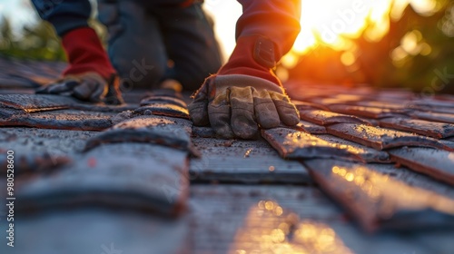 Close-up of a worker's hands installing tiles on a rooftop during sunset, showcasing craftsmanship, effort, and attention to detail in construction. photo