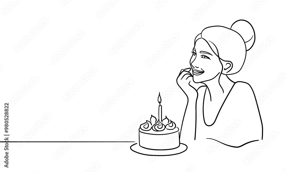 Girls girl enjoying her birthday continuous line art drawing isolated on white background. Birthday cake with candles. Vector illustration Girls girl enjoying her birthday continuous line art drawing isolated on white background. Birthday cake with candles. Vector illustration