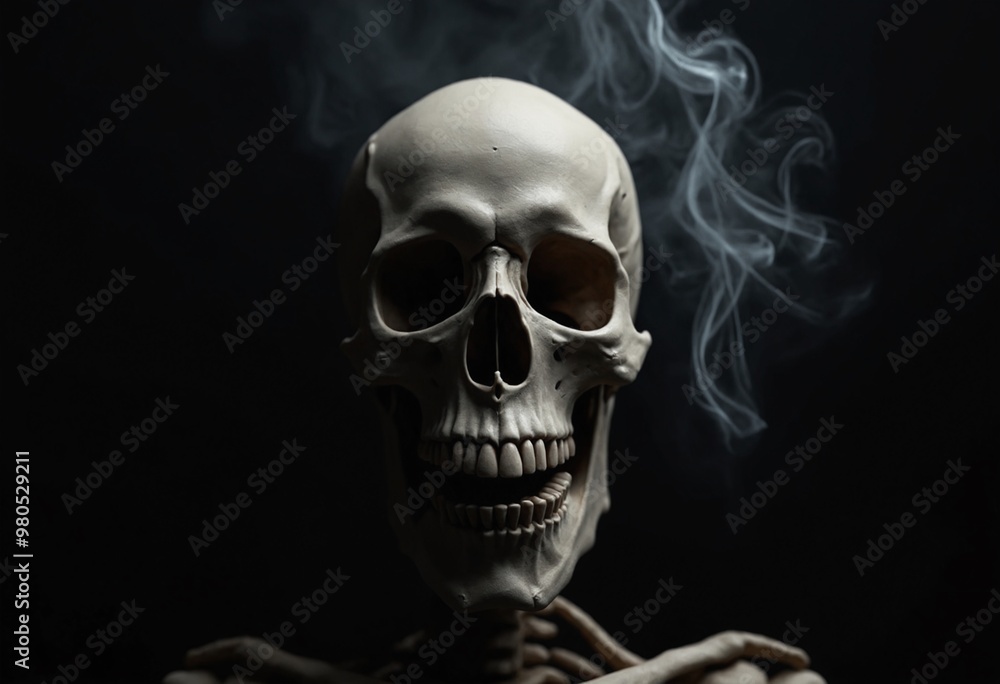 Scary evil skeleton skull with smoke on black background. Halloween and Day of the Dead concept. No Smoking campaign