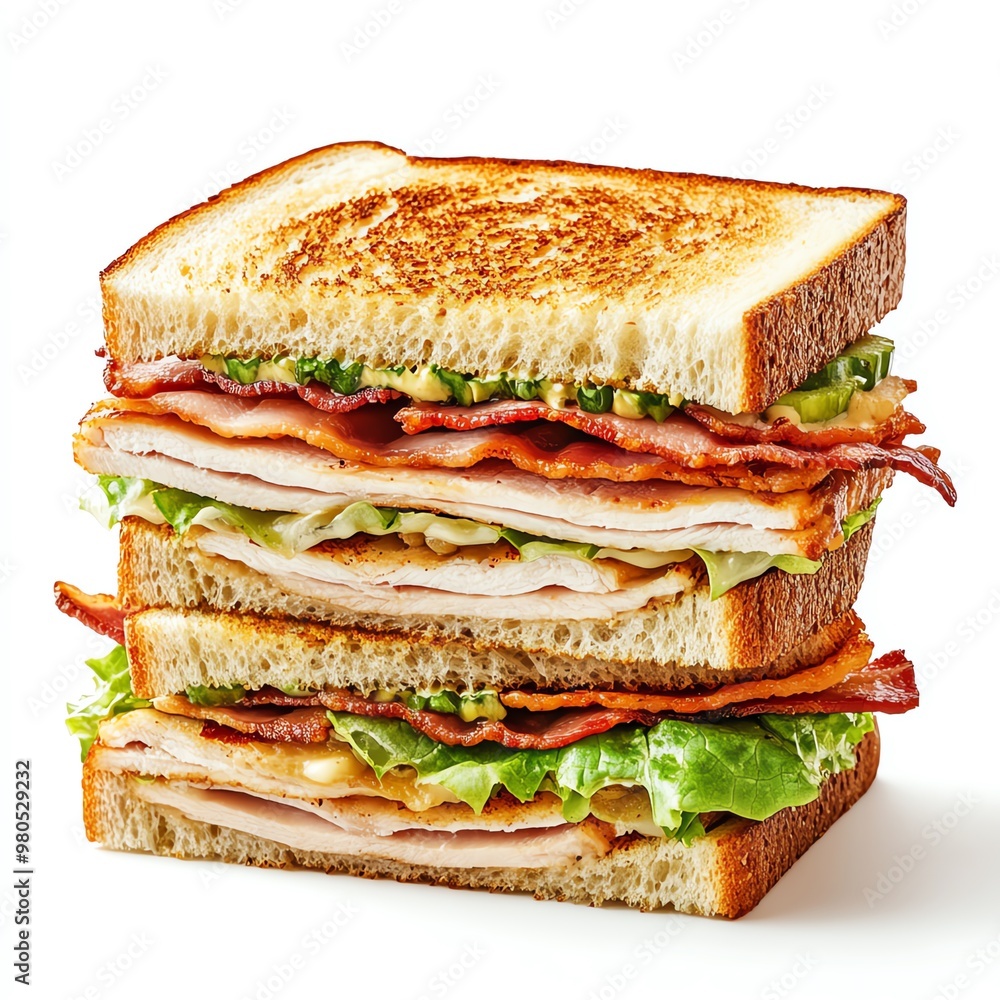 A classic club sandwich stacked with turkey, bacon, and lettuce A classic club sandwich stacked with turkey, bacon, and lettuce