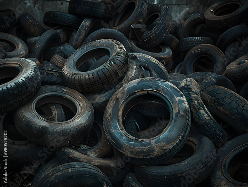Dump, junkyard of old used car tires. Neural network AI generated art