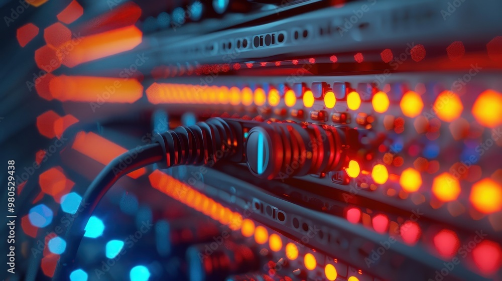 Close-up view of a computer network server with glowing LED lights and connected cables, showcasing data processing technology. Close-up view of a computer network server with glowing LED lights and connected cables, showcasing data processing technology.