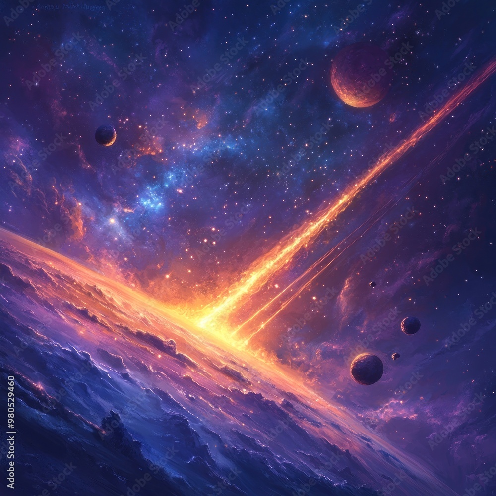 Obraz premium A fiery comet streaks across a starry sky towards a distant planet