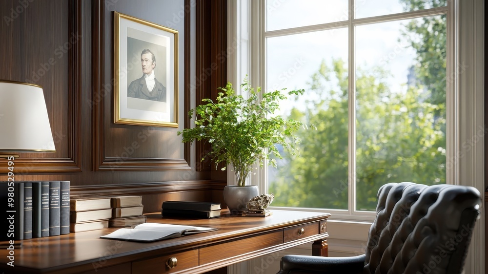 Fototapeta premium Cozy study with warm walnut paneling and antique decor.