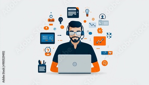 Live chat, technical support agent wearing a headset, customer support with a laptop and icons and text bubbles . Digital Innovation and Remote Work and maintenance troubleshooting.