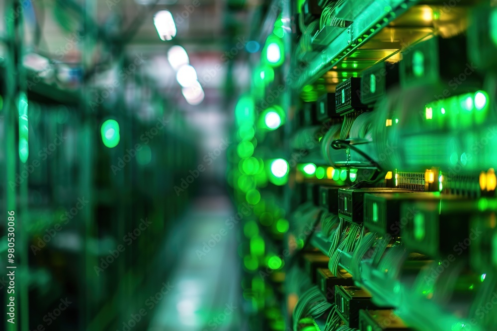 Green glow of data center with digital equipment Green glow of data center with digital equipment