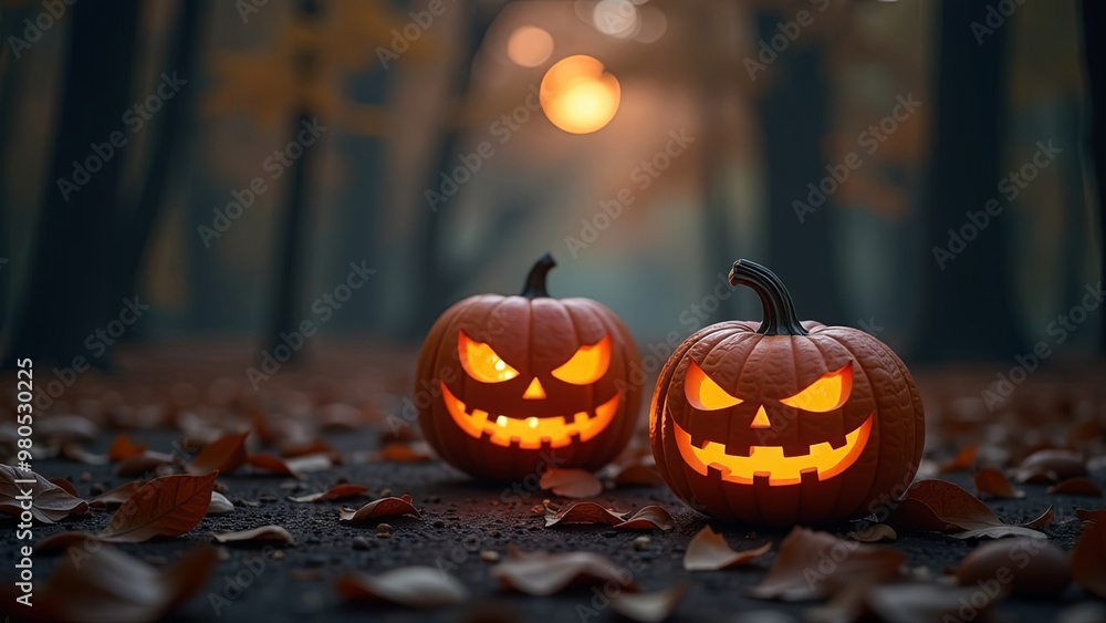jack o pumpkin lanterns in spooky forest at Night, full moon. Halloween Background jack o pumpkin lanterns in spooky forest at Night, full moon. Halloween Background