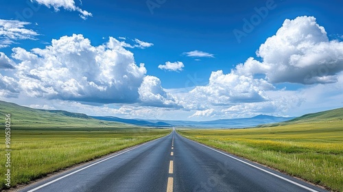 A scenic view of an open road stretching through a vibrant landscape under a bright blue sky with fluffy clouds.