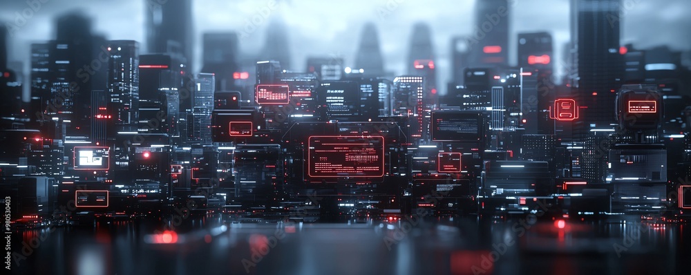 Obraz premium Futuristic cityscape, AI governance, digital control, holographic interfaces