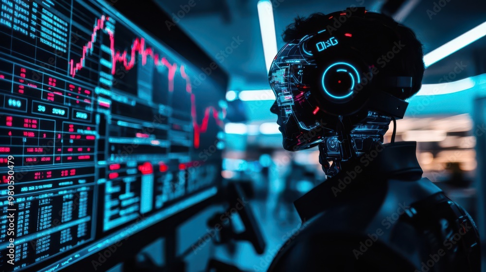 Fototapeta premium Robot monitoring stock trades through a holographic interface in a darkened trading room, data surveillance, robotic oversight in stock markets