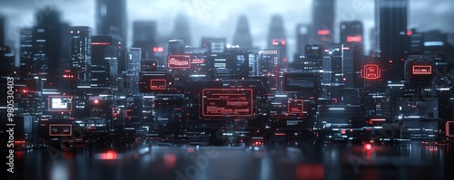 Futuristic cityscape, AI governance, digital control, holographic interfaces