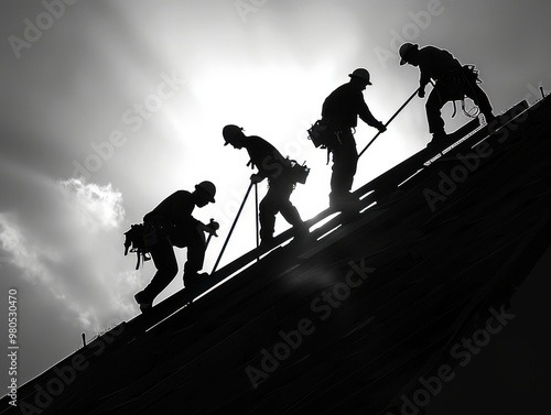 Silhouette of four construction workers on a roof at sunrise, showcasing teamwork and hard work in the building industry.