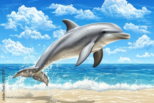 Majestic dolphin leaping out of the ocean with a sandy beach and blue cloudy sky in the background