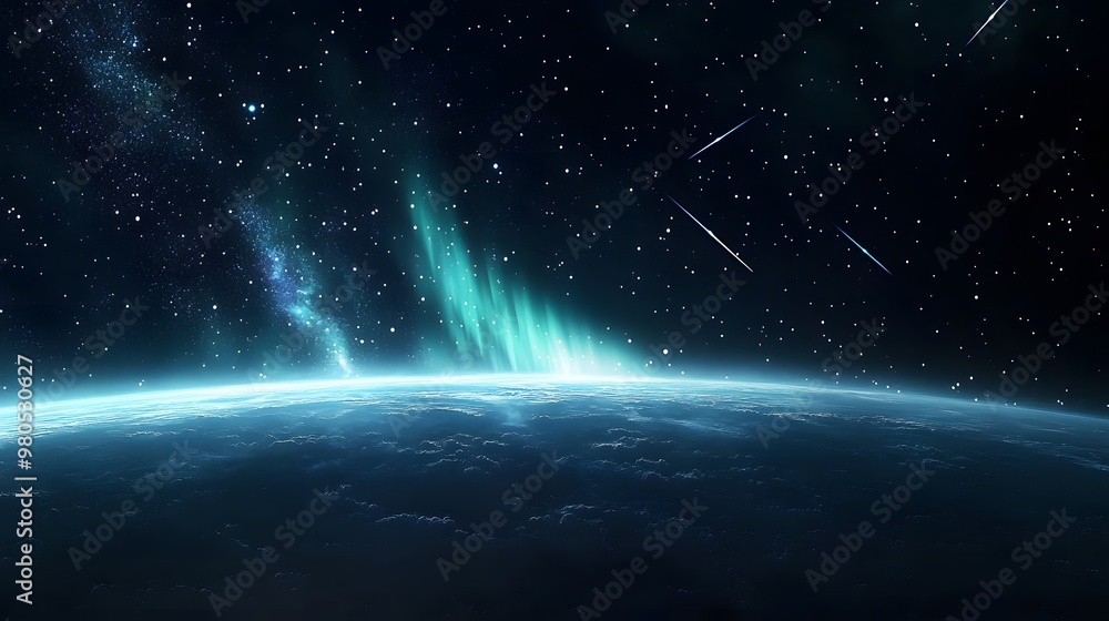 Northern Lights glowing over a star-filled sky, meteors blazing through the dark, a hyper-realistic night scene with a distant satellite in orbit, high-quality, sharp image, graphic style Northern Lights glowing over a star-filled sky, meteors blazing through the dark, a hyper-realistic night scene with a distant satellite in orbit, high-quality, sharp image, graphic style