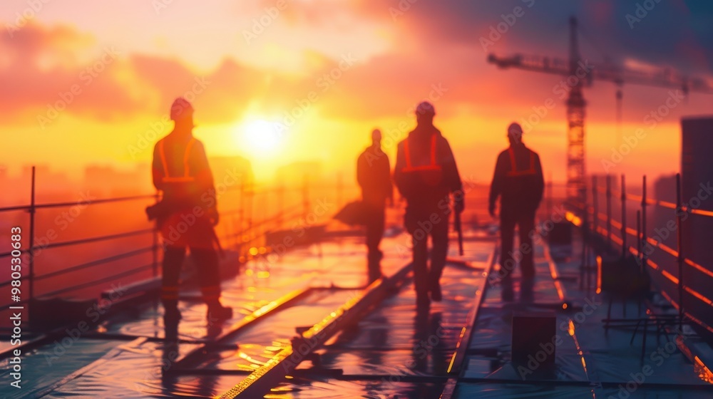 Fototapeta premium Silhouetted construction workers on a rooftop at sunrise, with cranes in the background and vibrant sky hues reflecting on the wet surface.