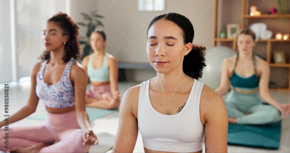Meditation, pilates and class with women in studio for health, zen and wellness. Yoga balance, mindfulness and spiritual healing aura with people and holistic practice for relax, awareness or energy