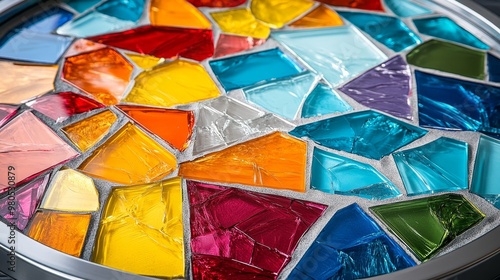 A broken-glass mosaic in a perfect circle, colorful ceramic shards blend seamlessly, creating a vibrant abstract artwork with a modern twist