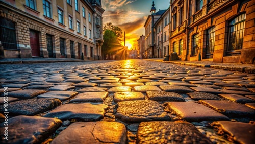 Old weathered cobblestone pavement with rustic texture and intricate pattern, lined with cracks and imperfections, stretches along a deserted city street at dawn. photo