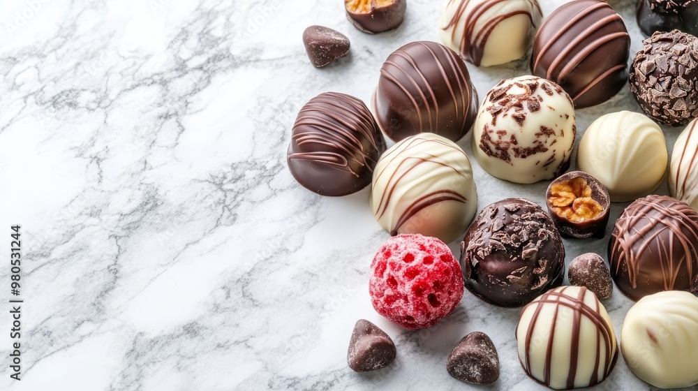 Assortment of Fine Chocolate Candies on a Marble Background. Delicious Chocolate Pralines, Top View Assortment of Fine Chocolate Candies on a Marble Background. Delicious Chocolate Pralines, Top View