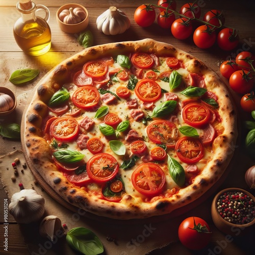 Rustic Italian pizza with fresh basil, tomatoes, and melted cheese on a wooden table