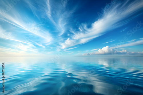 Serene Ocean Horizon: A tranquil and expansive view of a serene ocean horizon, with a stunning display of wispy clouds reflecting off the calm, blue water. The image evokes a sense of peace, tranquili photo