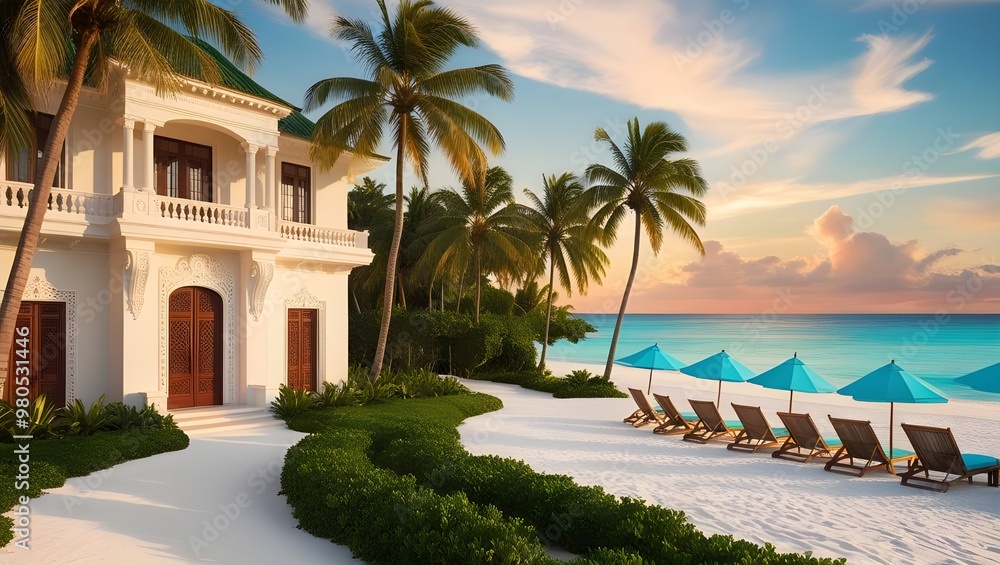 Fototapeta premium A majestic, ivory-hued villa with intricately carved wooden doors and ornate balconies, set amidst a lush tapestry of emerald green gardens and majestic palm trees, swaying gently in the breeze, as th
