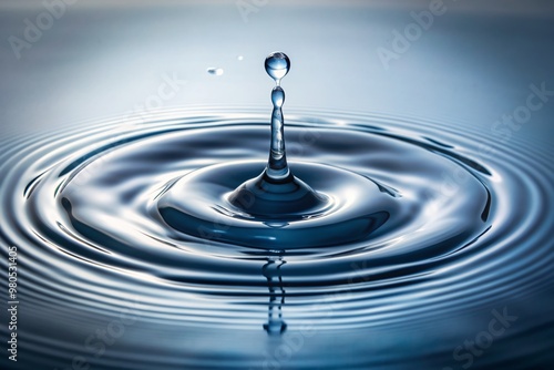 Isolated high-speed capture of a single transparent water droplet splashing onto a calm water surface, creating ripples and concentric circles on a pure white background.