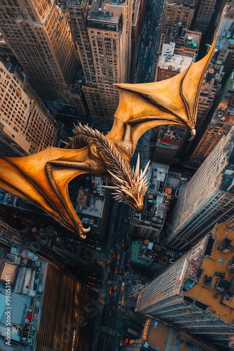 A vibrant birds-eye view capturing a bustling urban landscape where mythical creatures like dragons and unicorns roam alongside urban wildlife photo