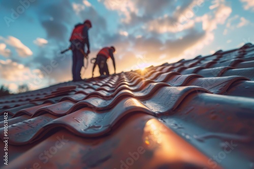 Workers installing roofing tiles at sunset. Detailed view of roof tiles with a vibrant sky in the background. photo