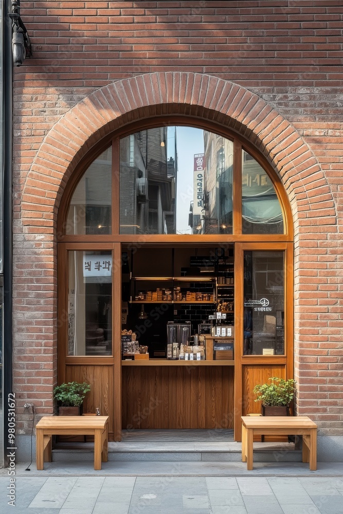 A brick building with a large archway and a window A brick building with a large archway and a window