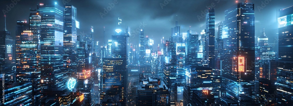 Fototapeta premium AI-powered city, advanced infrastructure, digital integration, futuristic technology