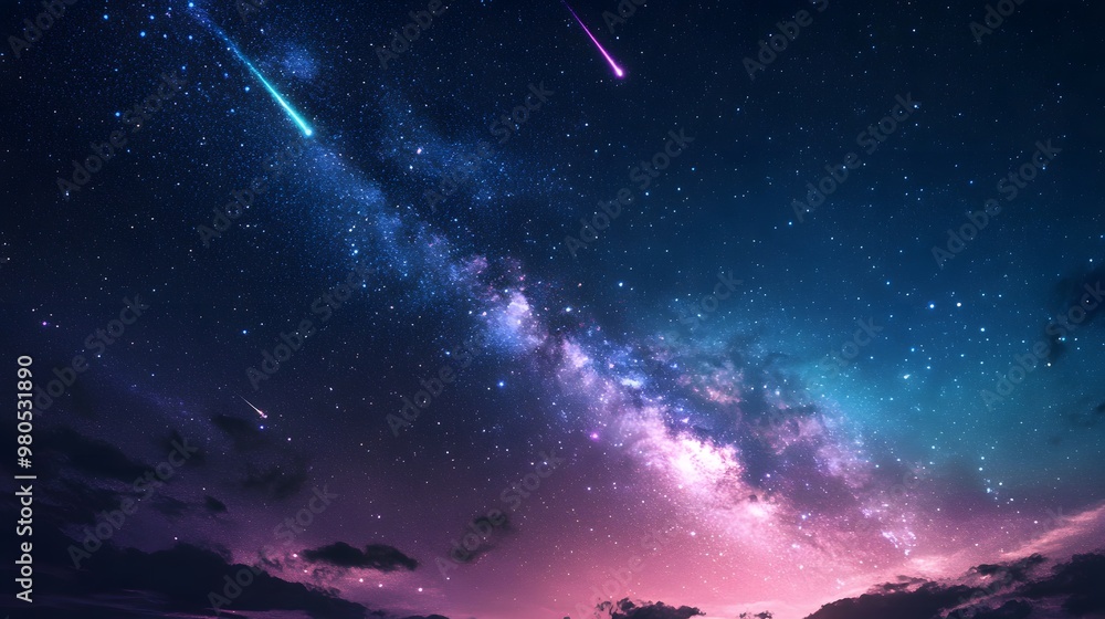 Fototapeta premium The night sky showing a vibrant display of auroras, the Milky Way, and meteors, a satellite orbiting in the distance, hyper-real, sharp, and high-quality illustration